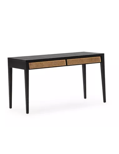 Bureau noir 2 tiroirs en bois et cannage 140cm Thai Natura